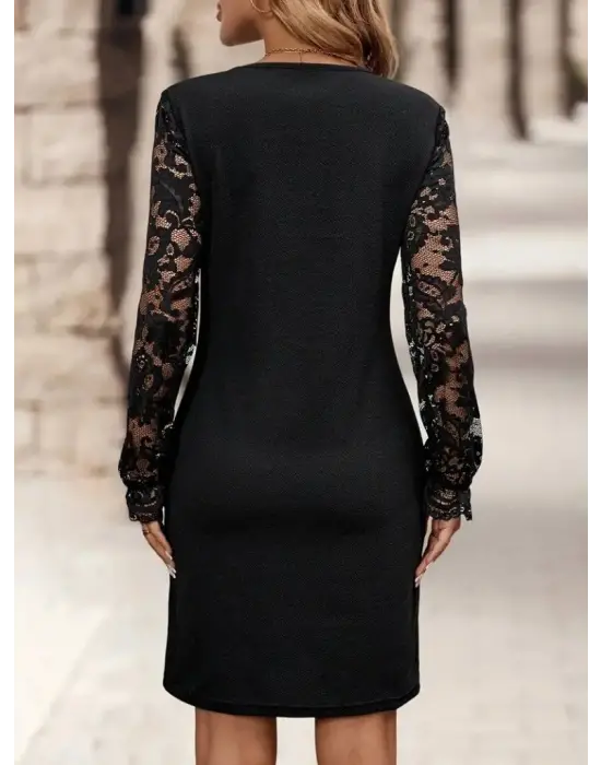 Kadın Uzun Kollu V Lazer Kesim Detaylı Kısa Ithal Krep Elbise