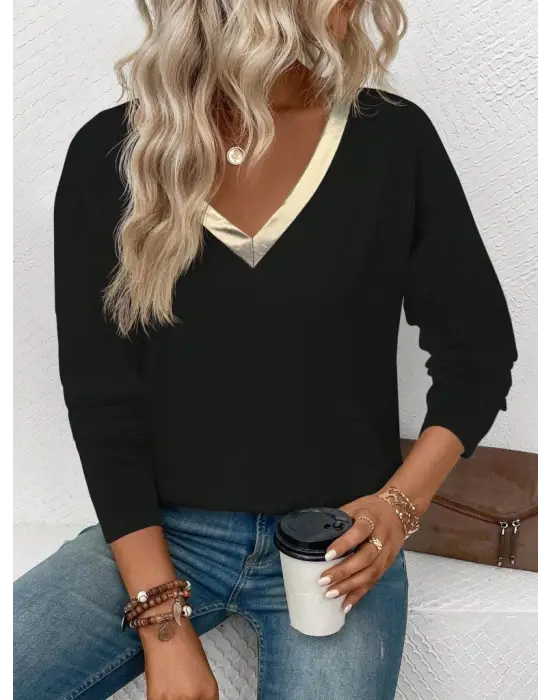 Kadın Uzun Kollu V Parlak Yaka Detaylı Viskon Bluz