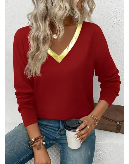 Kadın Uzun Kollu V Parlak Yaka Detaylı Viskon Bluz