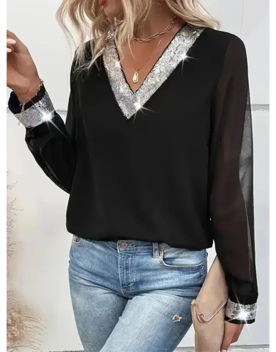 Kadın Uzun Kollu V Pulpayet Yakalı Ithal Krep Bluz