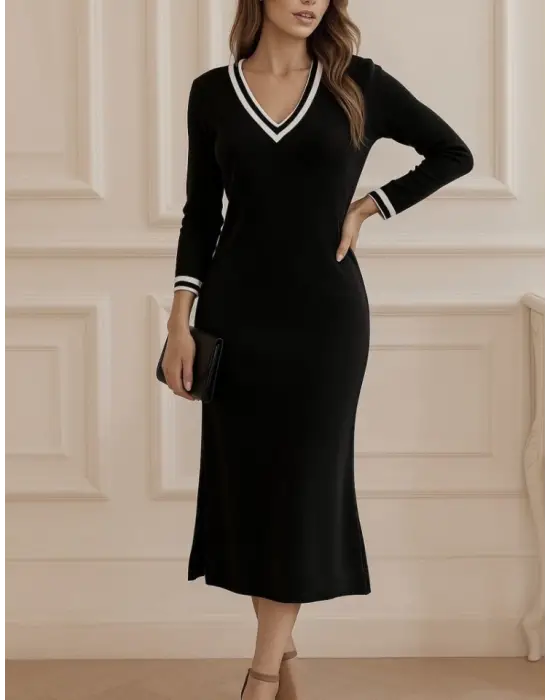 Kadın Uzun Kollu V Ribana Yakalı Yanlardan Yırtmaçlı Midi Viskon Iki Iplik Elbise