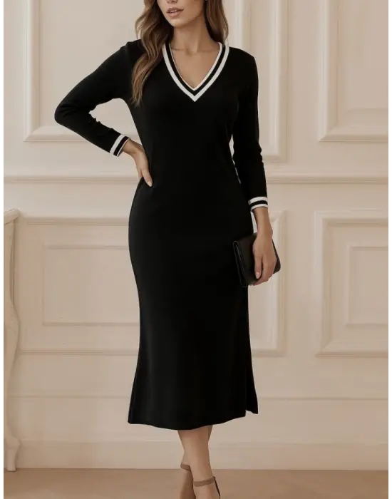 Kadın Uzun Kollu V Ribana Yakalı Yanlardan Yırtmaçlı Midi Viskon Iki Iplik Elbise