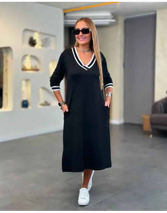 Kadın Uzun Kollu V Ribana Yakalı Yanlardan Yırtmaçlı Midi Viskon Iki Iplik Elbise