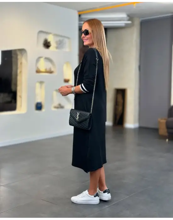 Kadın Uzun Kollu V Ribana Yakalı Yanlardan Yırtmaçlı Midi Viskon Iki Iplik Elbise