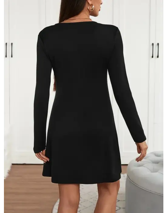 Kadın Uzun Kollu V şerit Yakalı Kısa Viskon Iki Iplik Elbise