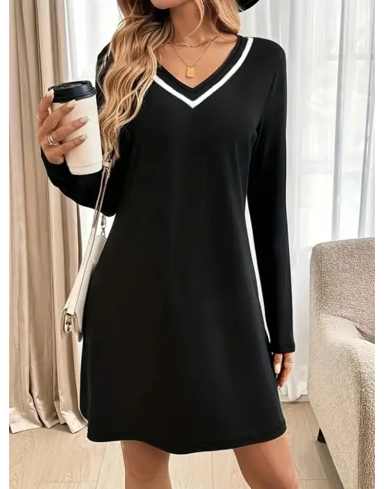 Kadın Uzun Kollu V şerit Yakalı Kısa Viskon Iki Iplik Elbise
