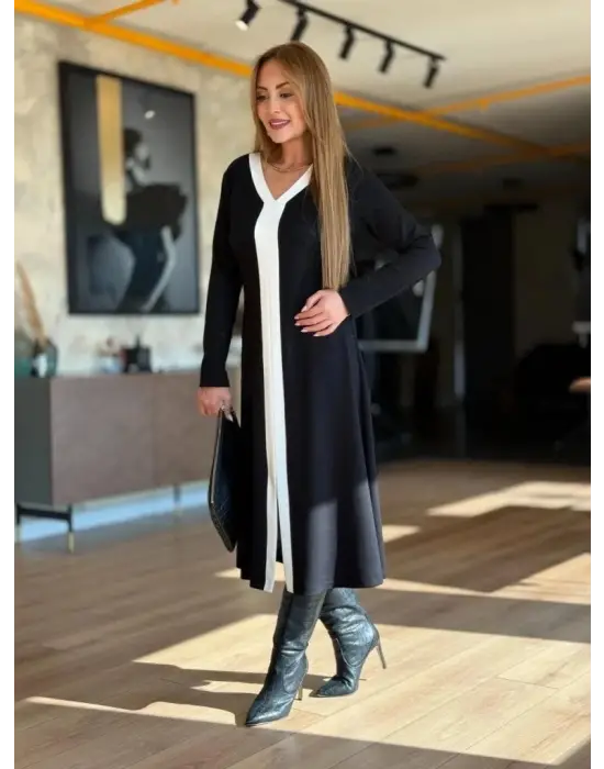 Kadın Uzun Kollu V şerit Yakalı önden Kısa Yırtmaçlı Detaylı Midi Viskon Iki Iplik Elbise