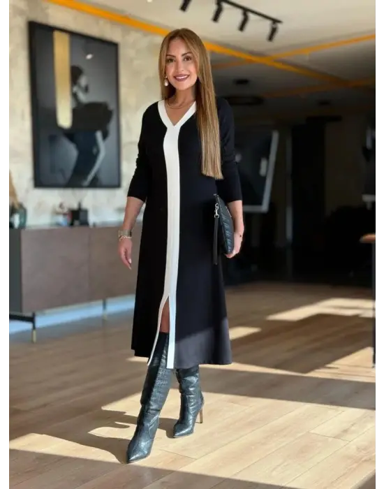 Kadın Uzun Kollu V şerit Yakalı önden Kısa Yırtmaçlı Detaylı Midi Viskon Iki Iplik Elbise