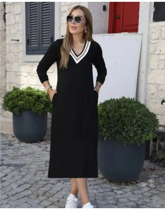 Kadın Uzun Kollu V şerit Yakalı Viskon Iki Iplik Elbise