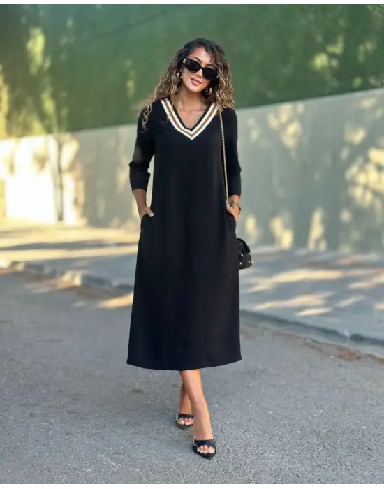 Kadın Uzun Kollu V şerit Yakalı Viskon Iki Iplik Elbise