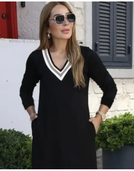 Kadın Uzun Kollu V şerit Yakalı Viskon Iki Iplik Elbise