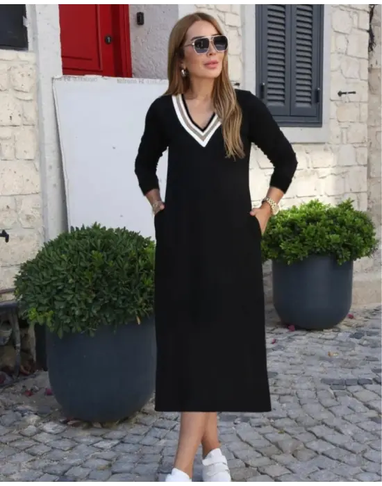 Kadın Uzun Kollu V şerit Yakalı Viskon Iki Iplik Elbise