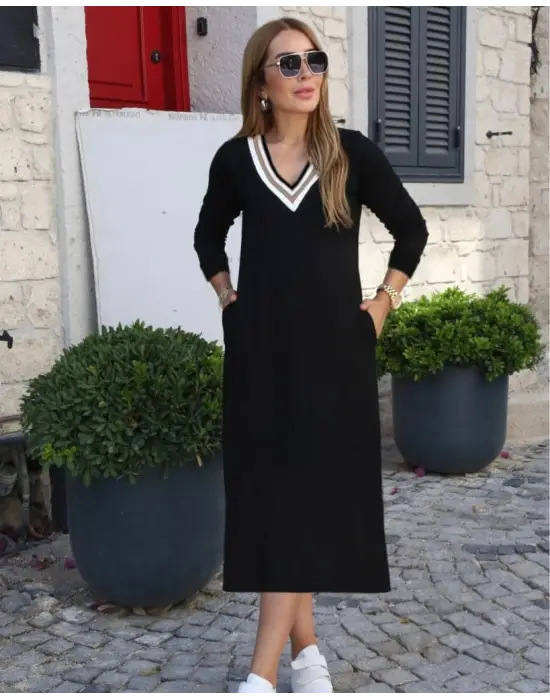 Kadın Uzun Kollu V şerit Yakalı Viskon Iki Iplik Elbise