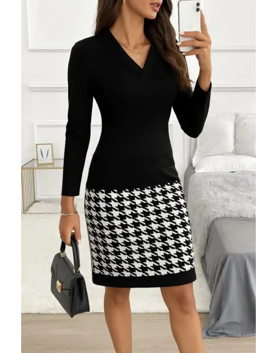 Kadın Uzun Kollu V Yaka Alt Tarafı Desenli Dalgıç Mini Boy Elbise