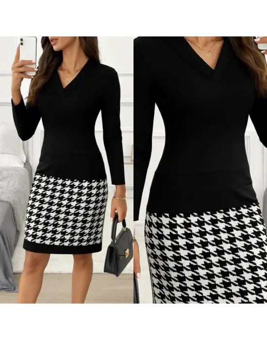 Kadın Uzun Kollu V Yaka Alt Tarafı Desenli Dalgıç Mini Boy Elbise