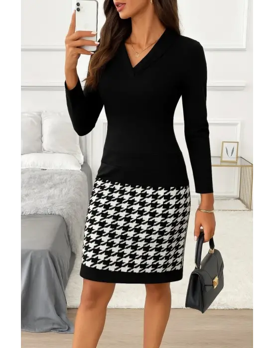 Kadın Uzun Kollu V Yaka Alt Tarafı Desenli Dalgıç Mini Boy Elbise