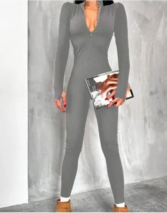 Kadın Uzun Kollu V Yaka Baş Parmak Geçirmeli Detay Kaşkorse Tulum