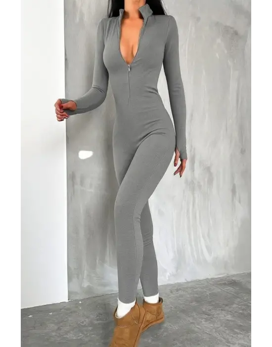 Kadın Uzun Kollu V Yaka Baş Parmak Geçirmeli Detay Kaşkorse Tulum