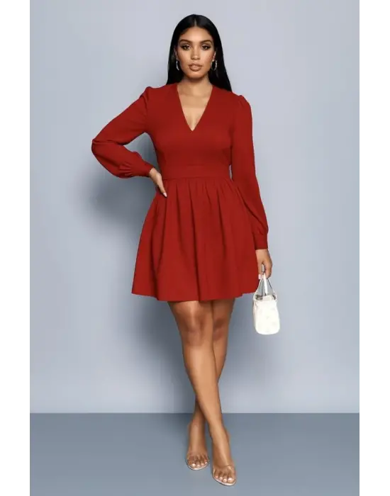 Kadın Uzun Kollu V Yaka Belden Hafif Pileli Scuba Krep Mini Boy Elbise