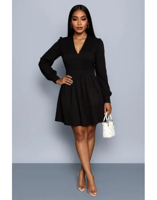 Kadın Uzun Kollu V Yaka Belden Hafif Pileli Scuba Krep Mini Boy Elbise