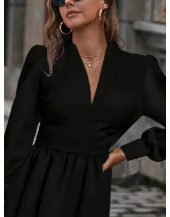 Kadın Uzun Kollu V Yaka Belden Hafif Pileli Scuba Krep Mini Boy Elbise