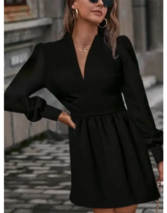 Kadın Uzun Kollu V Yaka Belden Hafif Pileli Scuba Krep Mini Boy Elbise