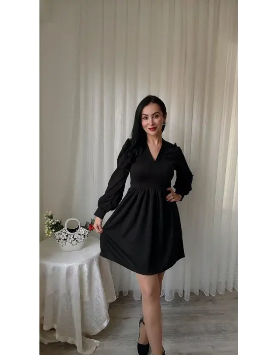Kadın Uzun Kollu V Yaka Belden Hafif Pileli Scuba Krep Mini Boy Elbise