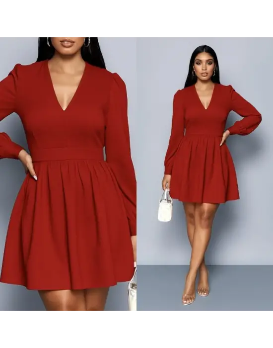 Kadın Uzun Kollu V Yaka Belden Hafif Pileli Scuba Krep Mini Boy Elbise