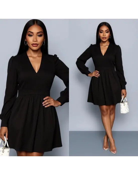 Kadın Uzun Kollu V Yaka Belden Hafif Pileli Scuba Krep Mini Boy Elbise