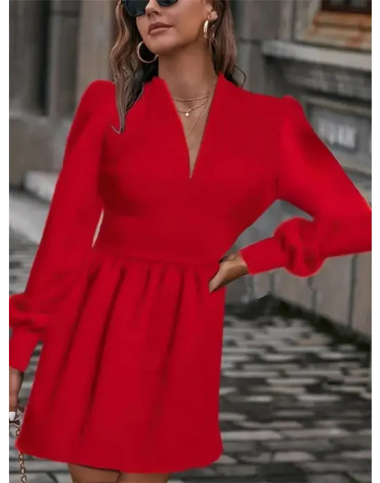 Kadın Uzun Kollu V Yaka Belden Hafif Pileli Scuba Krep Mini Boy Elbise