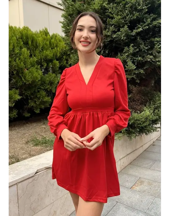 Kadın Uzun Kollu V Yaka Belden Hafif Pileli Scuba Krep Mini Boy Elbise