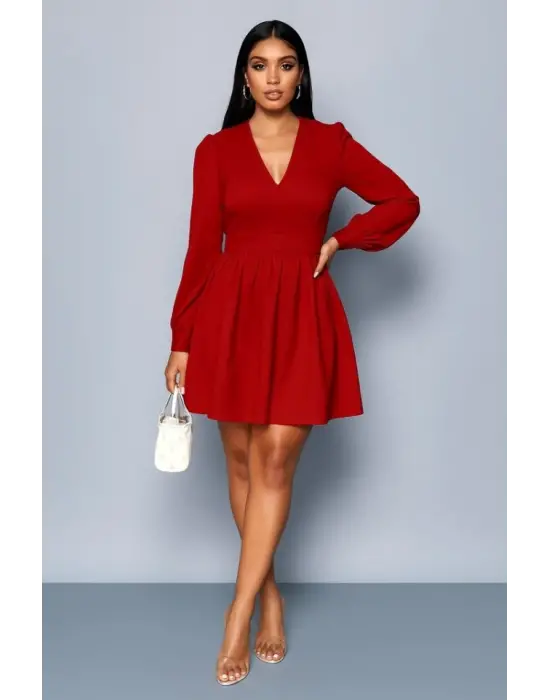 Kadın Uzun Kollu V Yaka Belden Hafif Pileli Scuba Krep Mini Boy Elbise