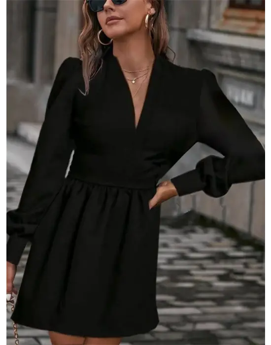 Kadın Uzun Kollu V Yaka Belden Hafif Pileli Scuba Krep Mini Boy Elbise