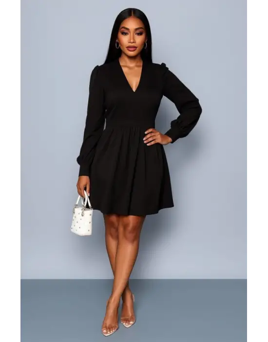 Kadın Uzun Kollu V Yaka Belden Hafif Pileli Scuba Krep Mini Boy Elbise