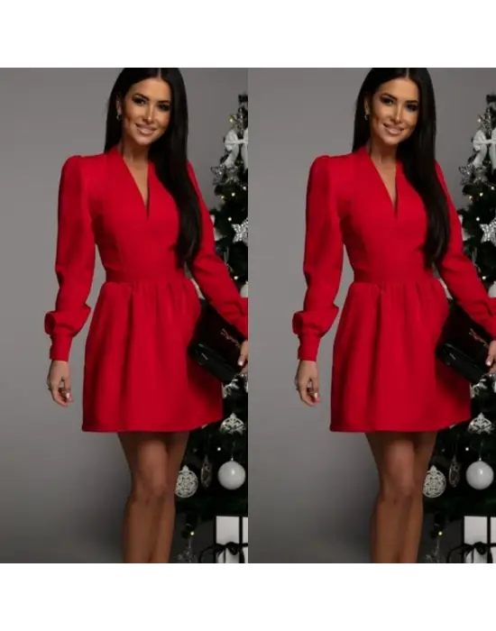 Kadın Uzun Kollu V Yaka Belden Hafif Pileli Scuba Krep Mini Boy Elbise