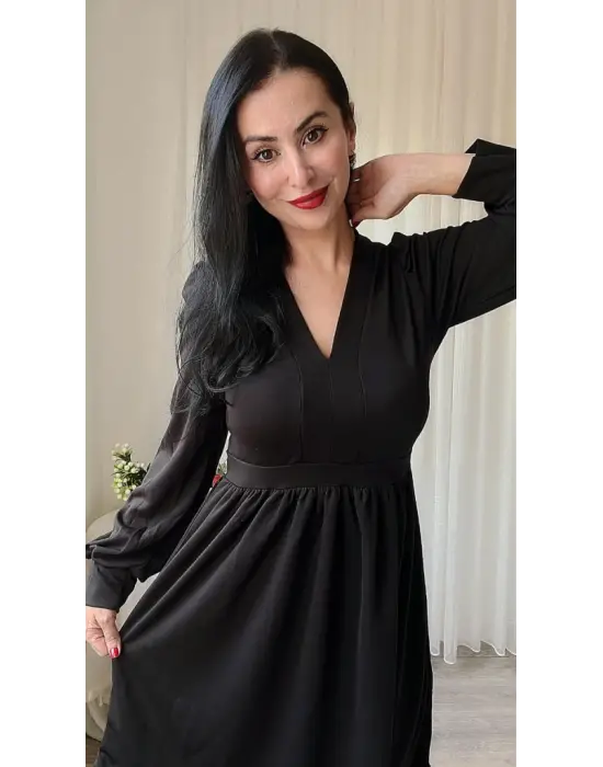 Kadın Uzun Kollu V Yaka Belden Hafif Pileli Scuba Krep Mini Boy Elbise