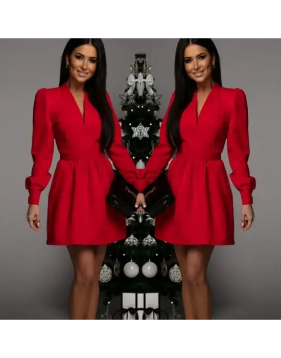 Kadın Uzun Kollu V Yaka Belden Hafif Pileli Scuba Krep Mini Boy Elbise