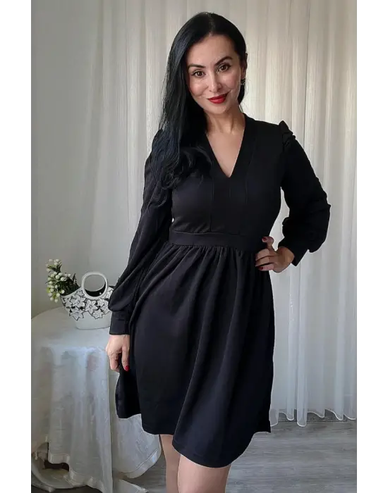 Kadın Uzun Kollu V Yaka Belden Hafif Pileli Scuba Krep Mini Boy Elbise