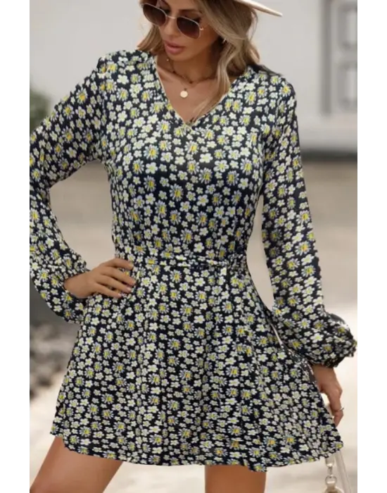 Kadın Uzun Kollu V Yaka çiçek Desenli Helen Kumaş Elbise