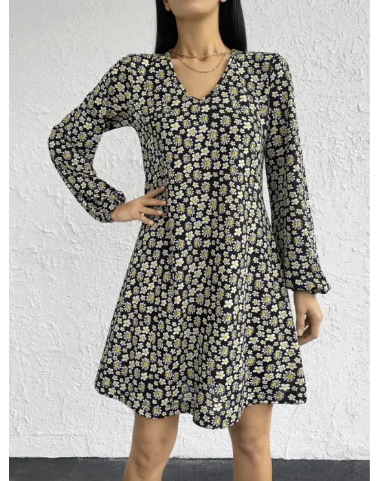 Kadın Uzun Kollu V Yaka çiçek Desenli Helen Kumaş Elbise