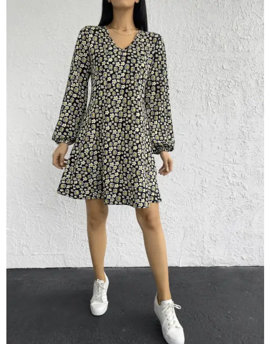 Kadın Uzun Kollu V Yaka çiçek Desenli Helen Kumaş Elbise