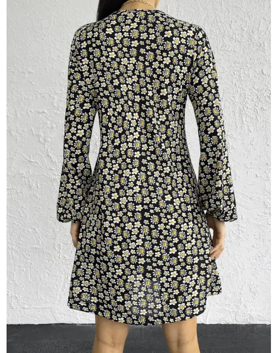 Kadın Uzun Kollu V Yaka çiçek Desenli Helen Kumaş Elbise