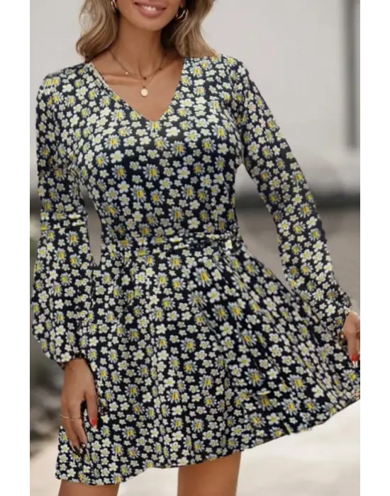 Kadın Uzun Kollu V Yaka çiçek Desenli Helen Kumaş Elbise