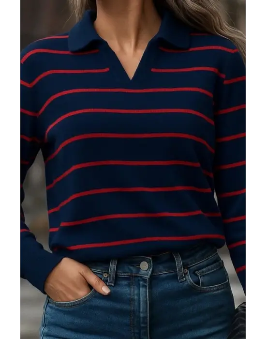 Kadın Uzun Kollu V Yaka çizgili Triko Bluz