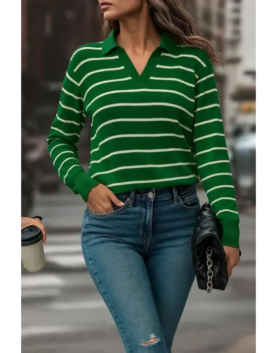 Kadın Uzun Kollu V Yaka çizgili Triko Bluz