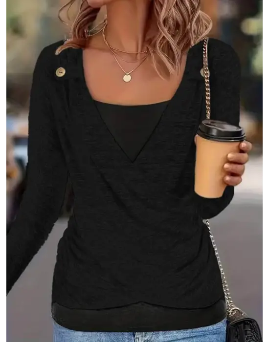 Kadın Uzun Kollu V Yaka Düğme Detaylı Yumoş Bluz