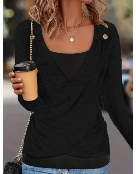 Kadın Uzun Kollu V Yaka Düğme Detaylı Yumoş Bluz