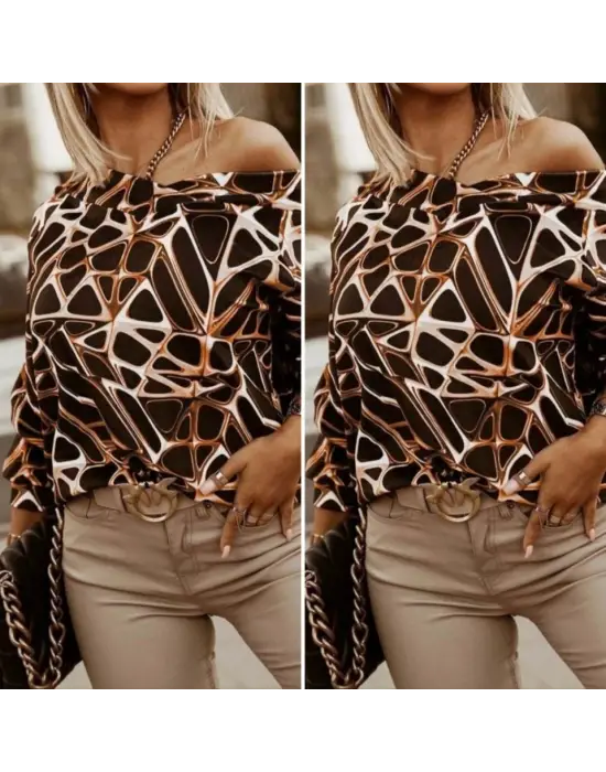 Modern Geometrik Desenli V Yaka Bluz