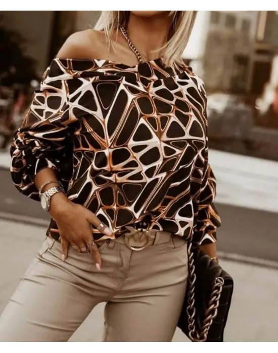 Kadın Uzun Kollu V Yaka Düşük Omuz Geometrik Desen şardonlu Dalgıç Bluz