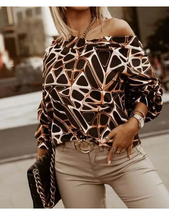 Modern Geometrik Desenli V Yaka Bluz